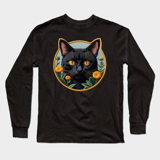 Black Cat Botanical Embroidered Patch Long Sleeve T-Shirt by Xie